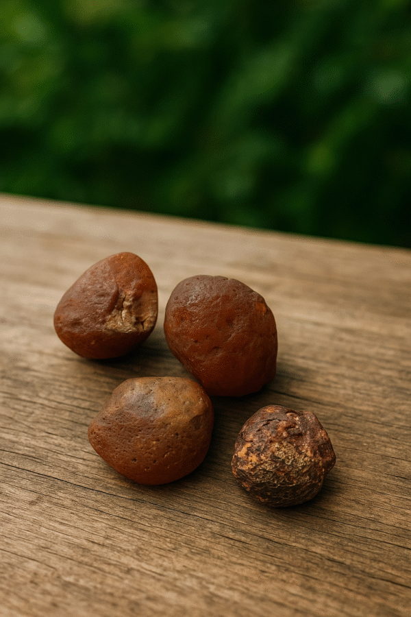 Ruwe carneool edelstenen op houten tafel met groene natuurlijke achtergrond